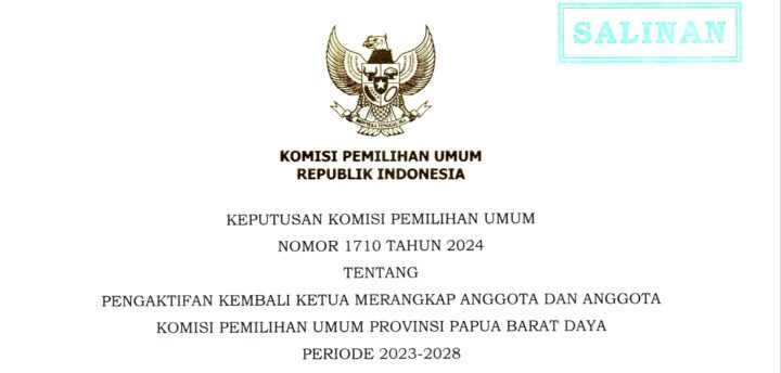 Salinan putusan KPU RI tentang pengaktifan kembali Ketua dan Anggota KPU Papua Barat Daya